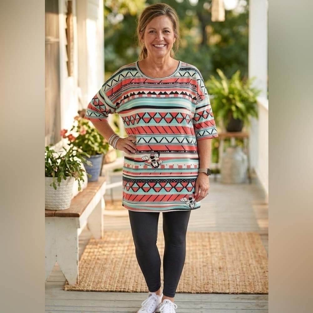 LuLaRoe Disney Themed Multicolor Geometric Print Top with Peeping Goofy’s